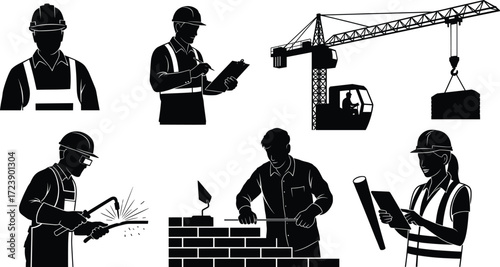 Construction worker silhouettes, builder working, crane operation, welding, bricklaying, engineer with blueprint, building site vector illustration