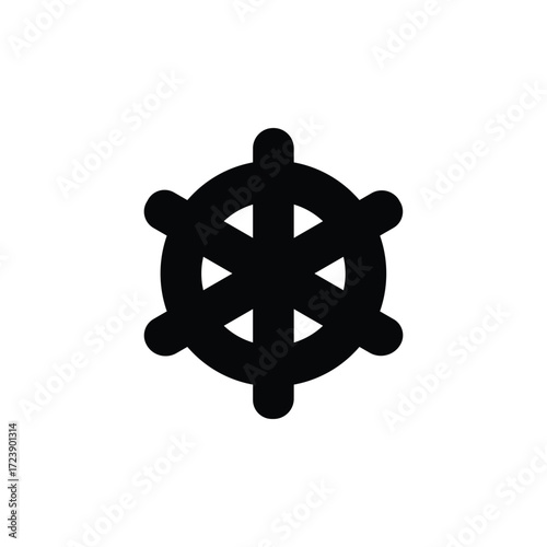 Black dharma wheel symbol on a white background