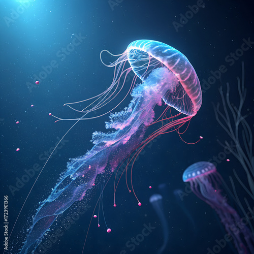 Illustration of a glowing jellyfish with long tentacles swimming underwater