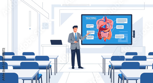 Anatomy Lecture in a Modern Classroom, Teacher Explaining Human Organs Illustration on Interactive