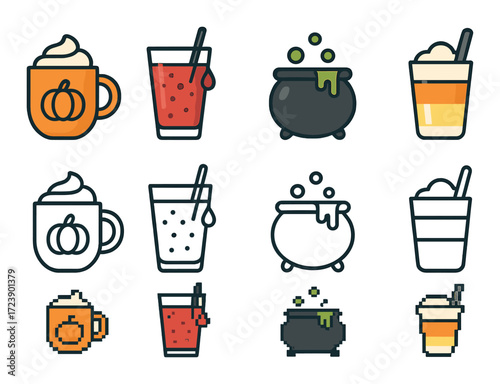 Festive halloween beverages and cauldron icons in pixel art style