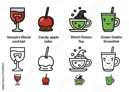 Halloween drink icons: vampire blood cocktail, candy apple cider, witch potion tea, green goblin smoothie