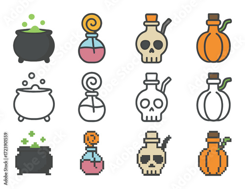 Retro pixel art potions and cauldrons with skulls and pumpkins