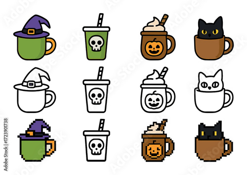 Pixel art halloween cups witch skull pumpkin cat design variations