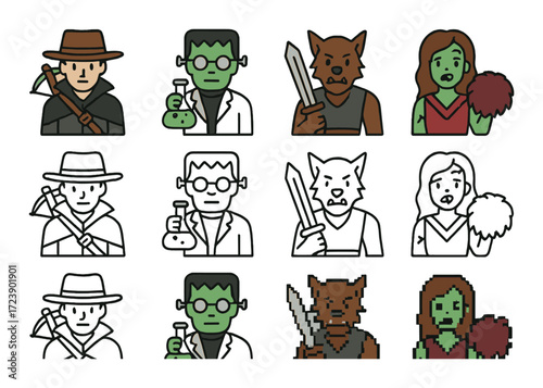 Cartoon halloween characters: explorer, monster, werewolf, cheerleader zombie