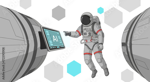 Astronaut using artificial intelligence interface on a futuristic space station module