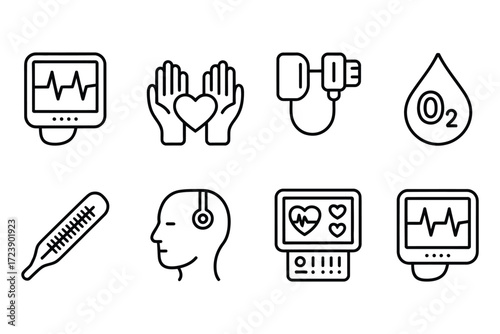 Set of line icons for vital signs heart rate monitor pulse check blood pressure oxygen saturation body temperature respiratory rate and monitor screen