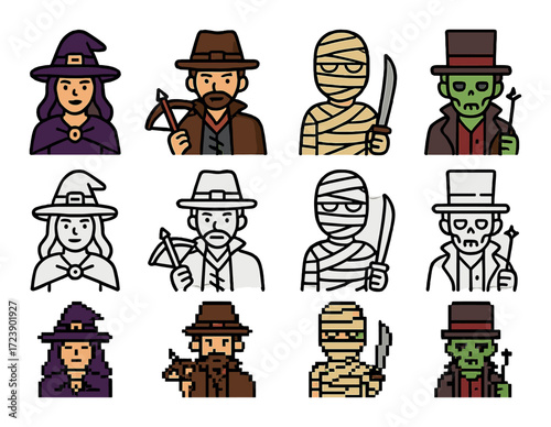 Diverse halloween characters collection featuring witch, adventurer, mummy, zombie in various styles