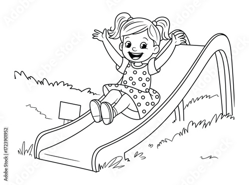 Joyful Girl Sliding Down a Slide A Black and White Line Art Illustration