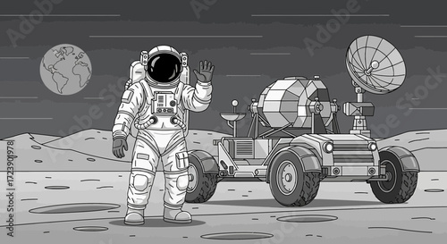 Astronaut waving hello on the moon with a lunar rover and planet earth in background
