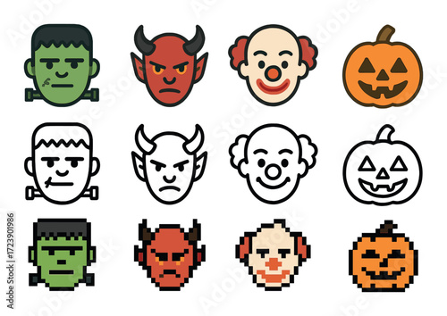 Colorful and pixel art halloween icons featuring monsters and pumpkin