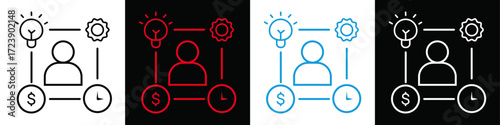 Profile icon with intelligence, innovation, money and timing diagram or symbol | 4 colour editable stroke