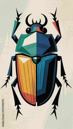 Flat illustration of a multi-colored scarab beetle in the Egyptian style. Vector graphics. EPS.