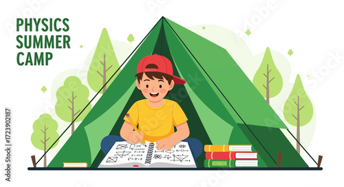 Boy participates in a physics summer camp drawing equations in a tent surrounded by trees and