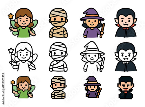 Cute halloween characters: fairy, mummy, witch, vampire - cartoon and pixel art