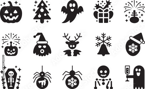 Halloween holiday icon set pumpkin Christmas ghost turkey bat silhouette vector