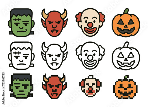 Halloween icon set: frankenstein, devil, clown, pumpkin faces in various styles