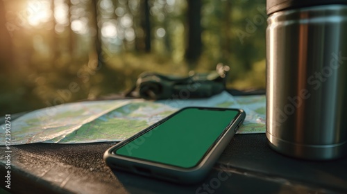 Outdoorsy gear on a table in the woods
