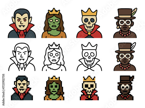 Cartoon vampire, zombie, skeleton, and steampunk characters in various styles