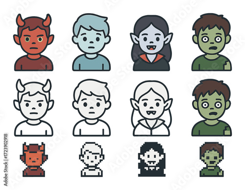 Cartoon characters collection featuring devils, vampires, zombies with pixel art variations