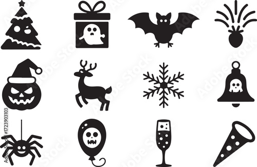 Halloween holiday icon set pumpkin Christmas ghost turkey bat silhouette vector