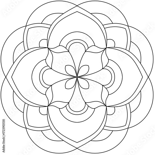 Simple flower mandala beautiful pattern, clean black line art for coloring page for kids or beginners. 