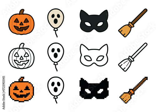 Halloween icons: pumpkins, ghost balloons, masks, and broomsticks in various styles