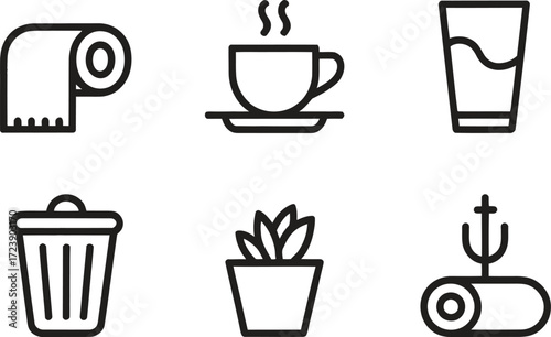 Set of six simple line art icons for bathroom and home essentials