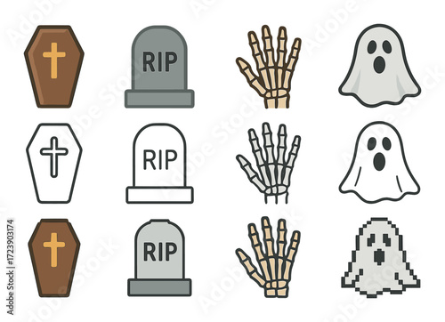 Spooky halloween icons: coffins, tombstones, skeleton hands, ghosts, rip symbols