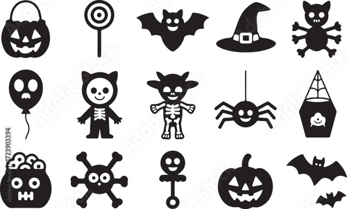 Halloween kids icon set pumpkin candy ghost lollipop bat silhouette vector