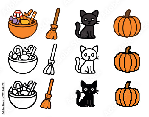 Pixel art halloween icons: bowl of candy, cats, brooms, pumpkins