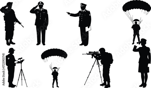Military silhouettes, soldiers in action, officer saluting, paratroopers jumping, sniper aiming, soldier with binoculars, military personnel vector