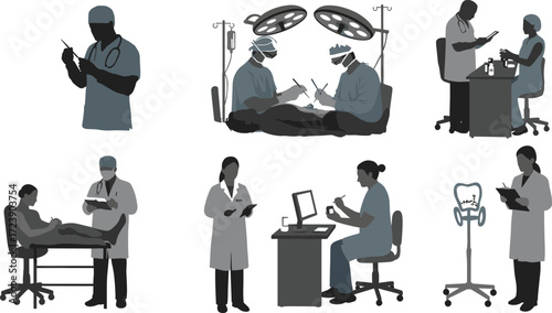 Medical professionals silhouettes, doctor examining patient, surgery team, dental care, clinic consultation, healthcare workers vector illustration