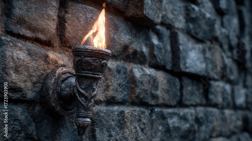 Medieval torch on stone wall