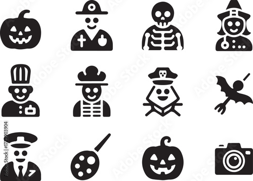 Halloween profession icon set pumpkin doctor ghost teacher skeleton silhouette vector
