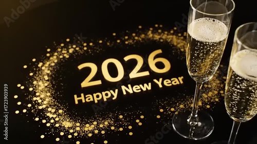 Happy New Year 2026 celebration with sparkling champagne glasses and golden glitter on a black background