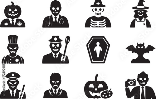 Halloween profession icon set pumpkin doctor ghost teacher skeleton silhouette vector