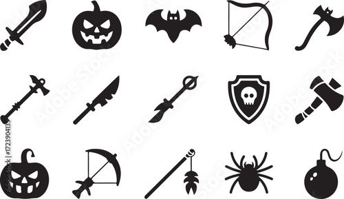 Halloween weapon icon set pumpkin sword ghost axe bat silhouette vector