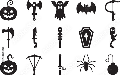 Halloween weapon icon set pumpkin sword ghost axe bat silhouette vector