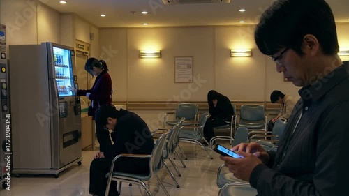 Anxious people sitting in a waiting room, purchasing drinks from vending machines while experiencing stress and boredom in a sterile environment. Ai generative video