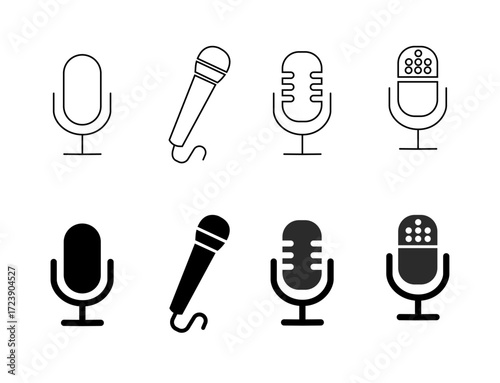 Microphone icon set. Microphone logos template for web and mobile app. Media and Web icons in line and flat style. Microphone icon symbolizing broadcast and audio recording on transparent background.
