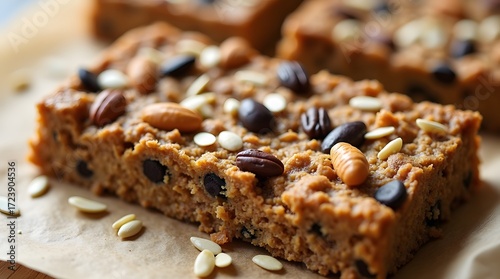 Delicious granola bar with pecans and almonds ready for a healthy snack, perfect for breakfast.