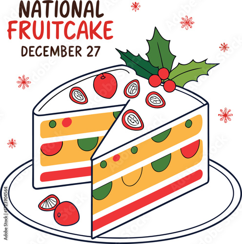 National Fruitcake Day Poster with Stylized 3D Flat Illustration of Festive Cake Slice