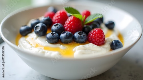 Indulge in creamy yogurt topped with vibrant raspberries, juicy blueberries, and a touch of honey for a healthy and delicious treat today
