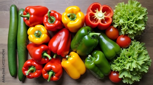 Fresh vegetables for a healthy lifestyle with vibrant bell peppers, cucumber, lettuce, and tomatoes ready for a delicious meal preparation