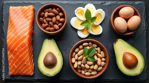 view of  diet ingredients featuring salmon, eggs, avocado, and nuts on sleek dark surface promoting healthy eating and balanced nutrition