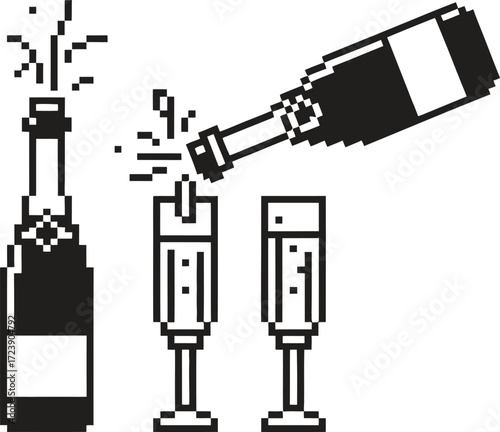 Champagne bottle opening and pouring into glasses celebration illustration