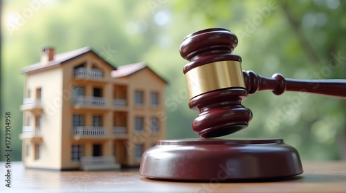 Auction gavel striking down next to a model home for property law, real estate decisions and legal judgements about housing and foreclosure