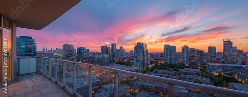 City skyline at sunset from balcony