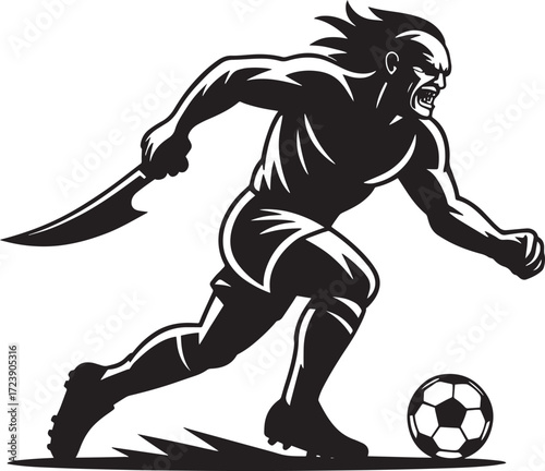 Soccer player monster mascot silhouette dribbling football with sharp weapon machete graphic